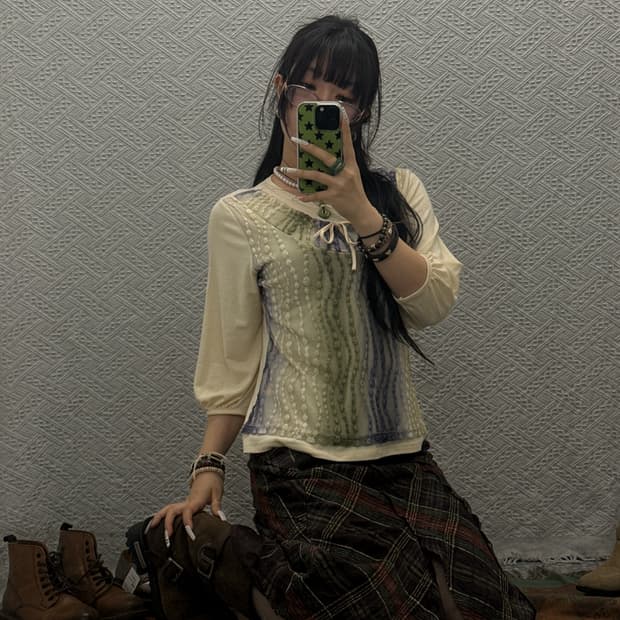 빈티지 모리 핀터걸 펀칭 오리엔탈 뜨개 레이스 7부 반팔티 K0067