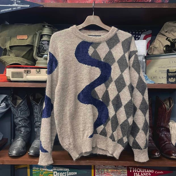 90s 지노캣티 하프 아가일 패턴 울 니트 스웨터 N502