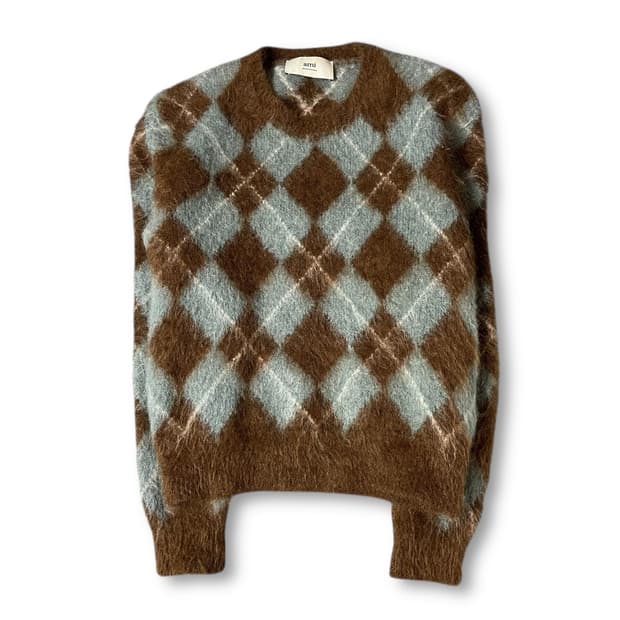 아미 브라운 블루 아가일 패턴 긴팔 니트