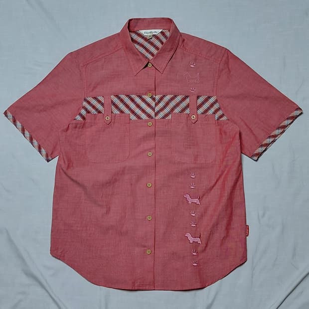 [L] POSSET POT 빈티지 닥스훈트 자수 & 체크 배색 반팔 셔츠