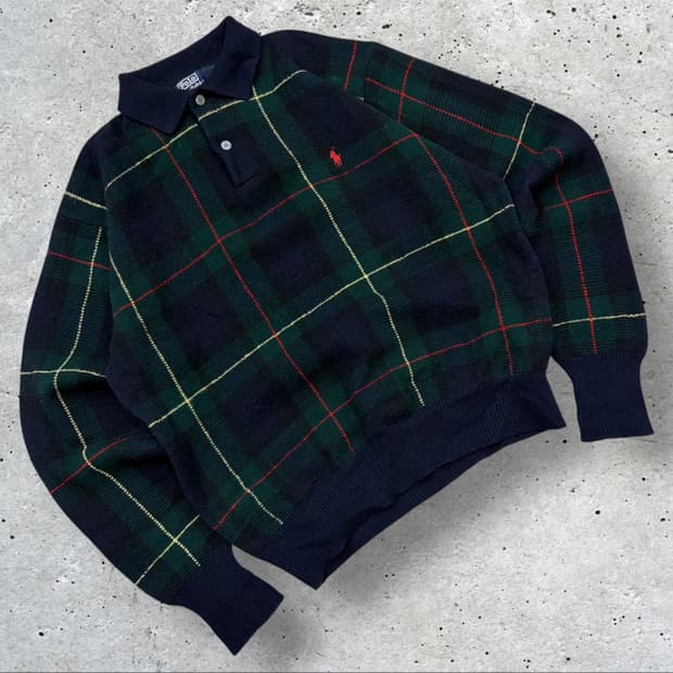 [M] 80s 폴로 랄프로렌 램스울 체크 니트 긴팔 셔츠 C292