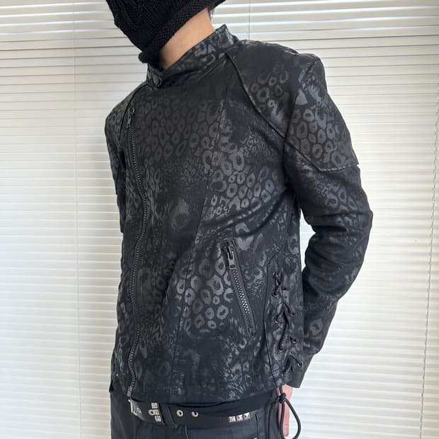 VTG 블랙 레오파드 코팅 라이더 자켓