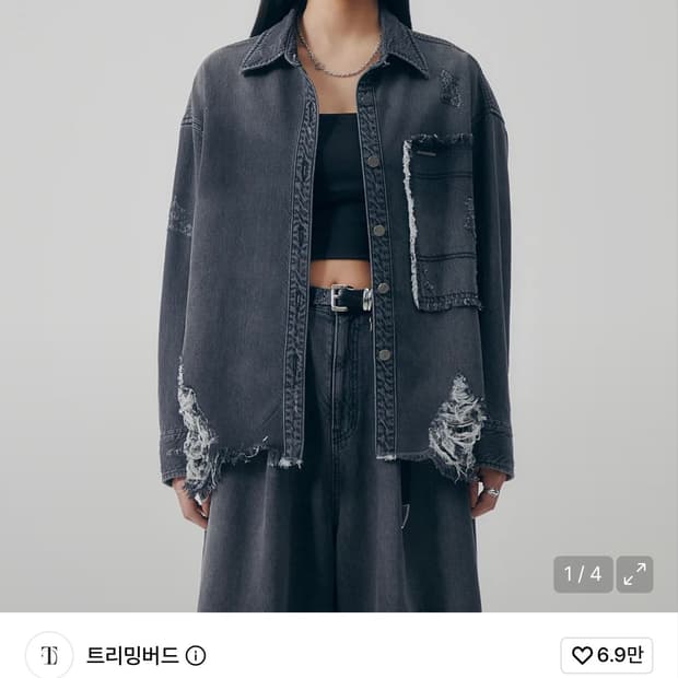 트리밍버드 디스트레스드 스퀘어 데님 셋업 자켓 그레이