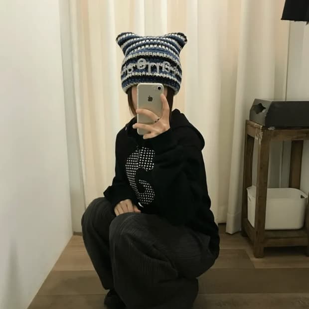 로고 캣 비니 블루 스트라이프 탄산마그네슘