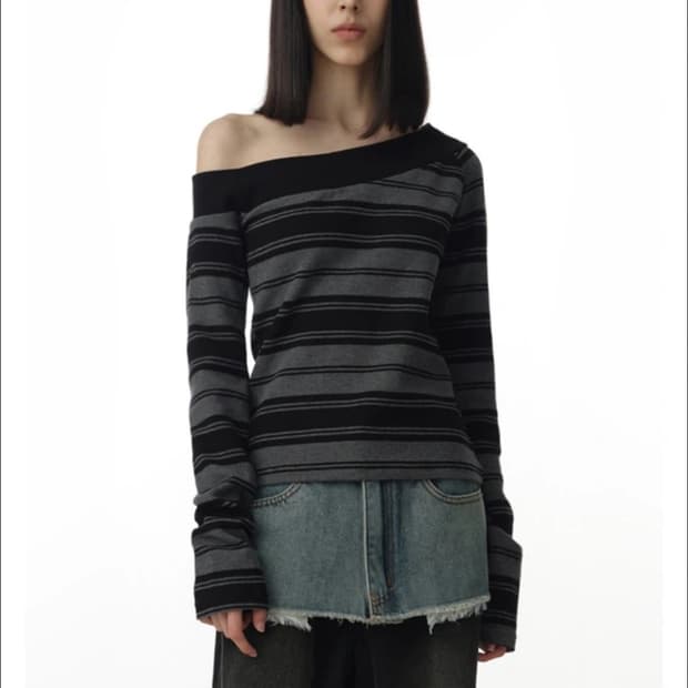 (새제품)밀로우먼 원 숄더 스트라이프 티셔츠