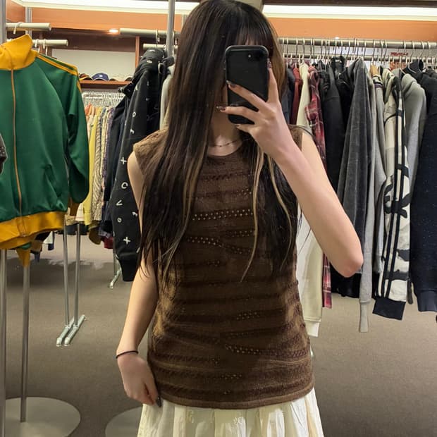 OS)Japanese vintage 브라운 스트라이프 니트 나시