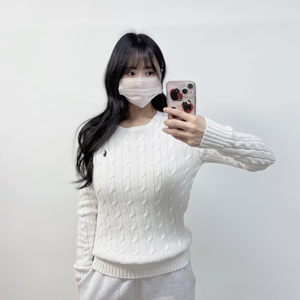 폴로 랄프로렌 포니 로고 케이블 라운드 니트 화이트