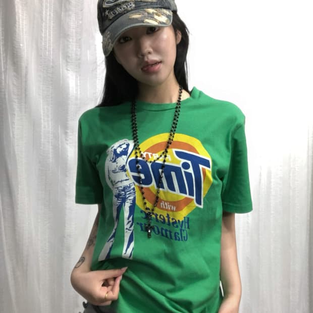 히스테릭 글래머 그린 걸 프린팅 탑
