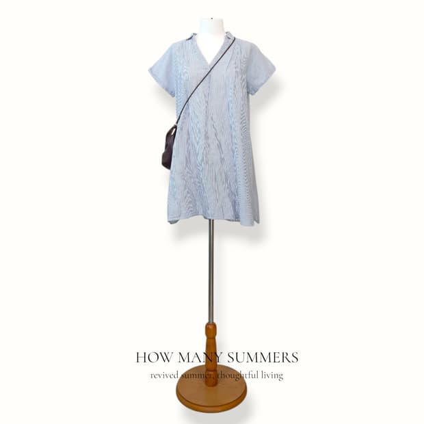 어스뮤직앤에콜로지 스트라이프 코튼 린넨 셔츠 원피스 튜닉 F 네이비