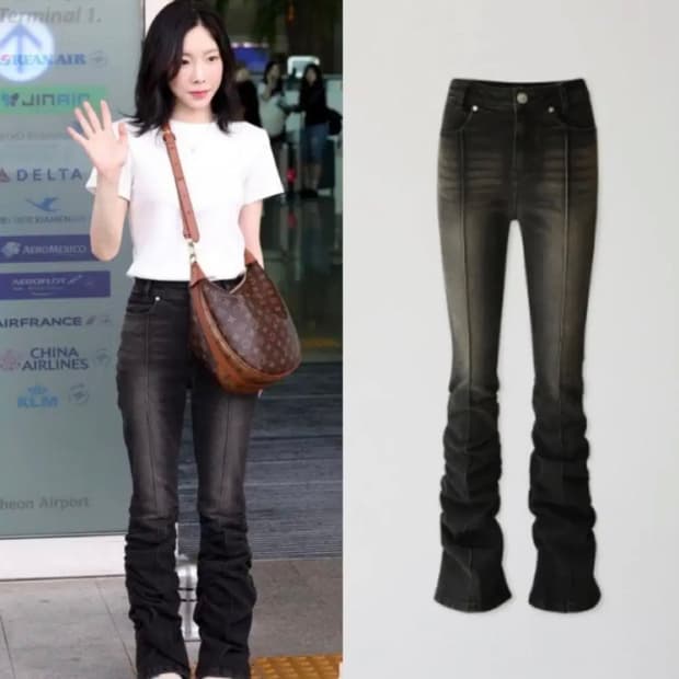 Yuse 셔링 포인트 슬림 데님 팬츠 black / S