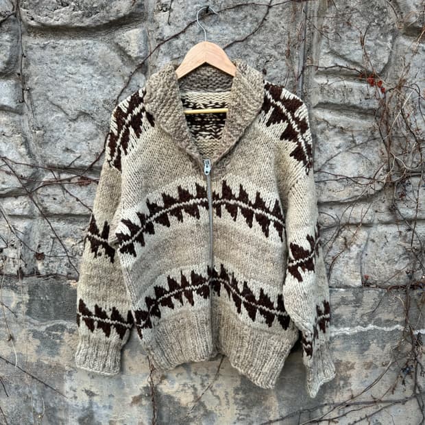 70s 캐나디언 코위찬 빈티지 핸드 니트 집업 가디건