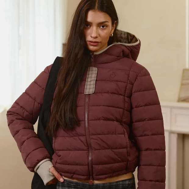 비터셀즈 후드 체크 라이트 푸퍼 자켓 버건디