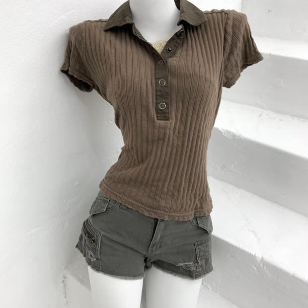 Brown eyelet button lace top 