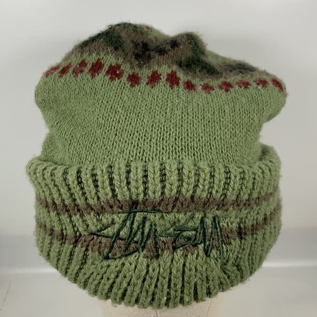 스투시 올드로고 니트 비니 그린/브라운