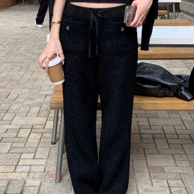 오브제스트 부클 트위드 조거팬츠 블랙 숏기장