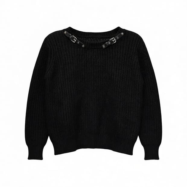JPN VINTAGE 헤어리 와플니트 스웨터 아일렛 버클 디테일 블랙
