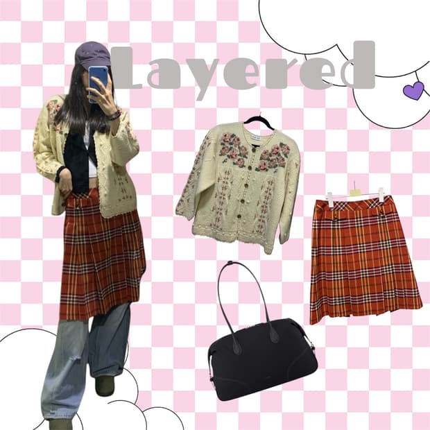 모리걸 빈티지 가디건 레이어드 체크스커트 세트