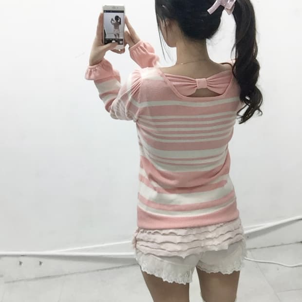 [GLACIER] 로걀 핑크 리본 스트라이프 니트