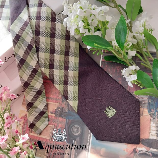 아쿠아스큐텀 실크 브라운 체크 믹스 넥타이 9.5cm A+등급 K1527