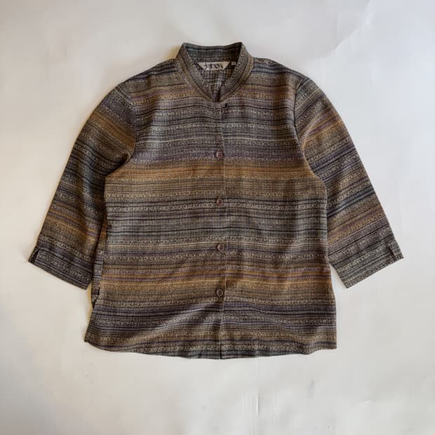 BROWN STRIPE PATTERN MANDARIN COLLAR TOP