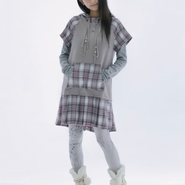 허그유어스킨 Check pleats hooded dress 민트그레이