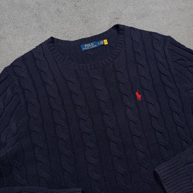 Qr 폴로 코튼 네이비 꽈배기 니트