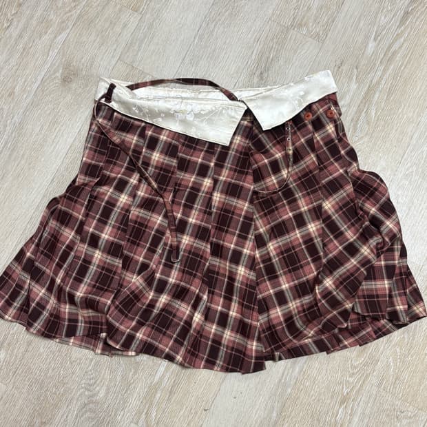 스컬프터 폴더 웨이스트 플리츠 스커트 레드 체크 