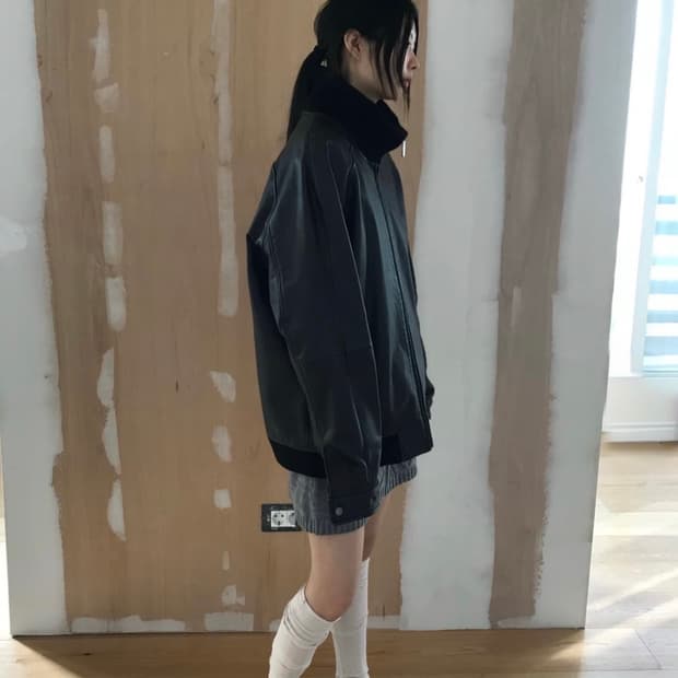 빈티지 하이넥 짚 레더 자켓