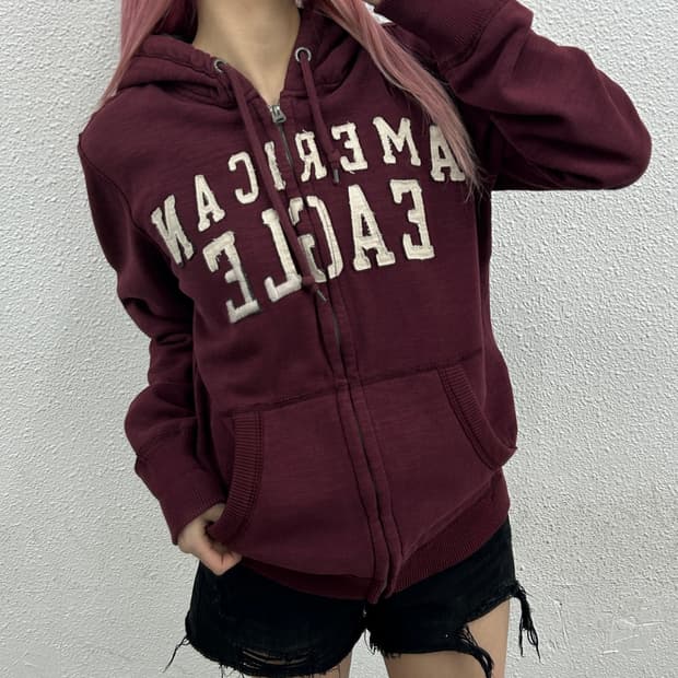 아메리칸이글 센터로고 딥버건디 후드집업 S