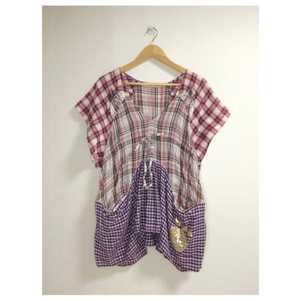 츠모리치사토 캣 체크 셔링 블라우스 튜닉