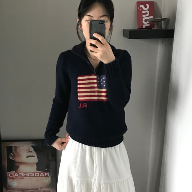 폴로 랄프로렌 성조기 로고 네이비 반집업 니트