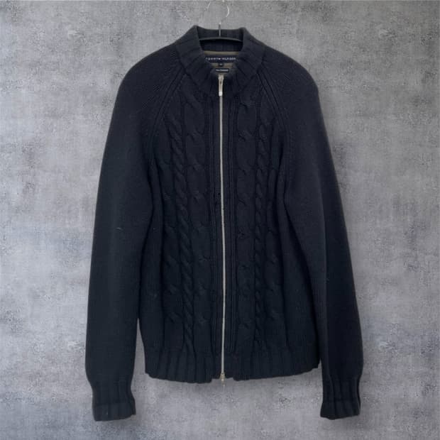 타미힐피거 블랙 캐시미어 혼방 케이블 니트 집업 M