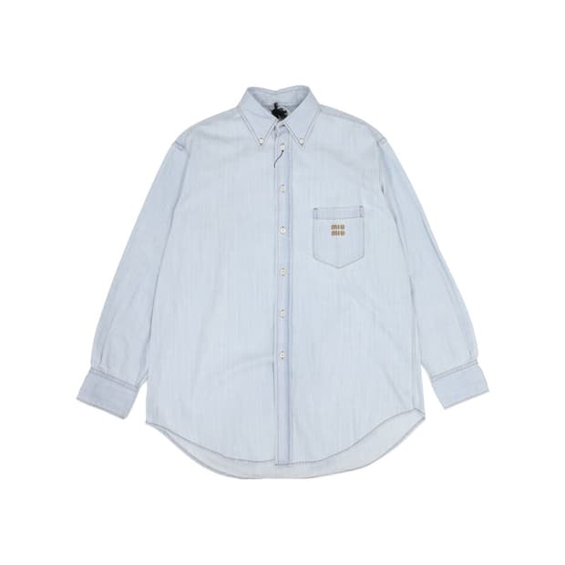 미우미우 GWC109 샴브레이 자수 로고 데님 셔츠 라이트 블루