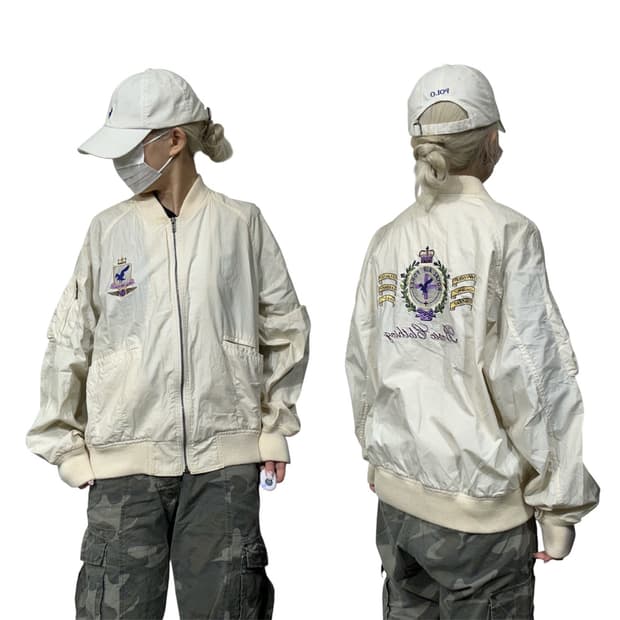 일본 빈티지 FILES 베이지 빅 로고 자수 봄버 자켓 스카잔 잠바 