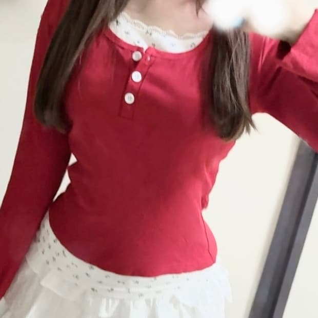 🍒 [Y2K] 레드 헨리넥 레이어드 롱슬리브 티셔츠