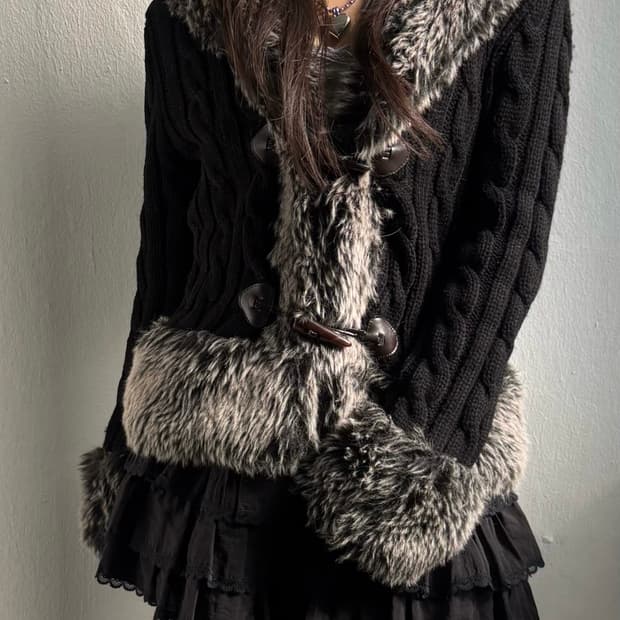Japanese Vintage Fur Trim Knit Cardigan