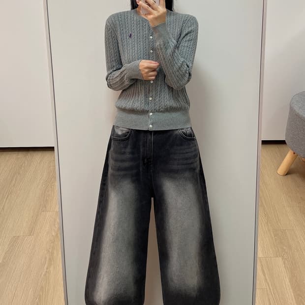 폴로 랄프로렌 퍼플 포니 그레이 케이블 니트 가디건