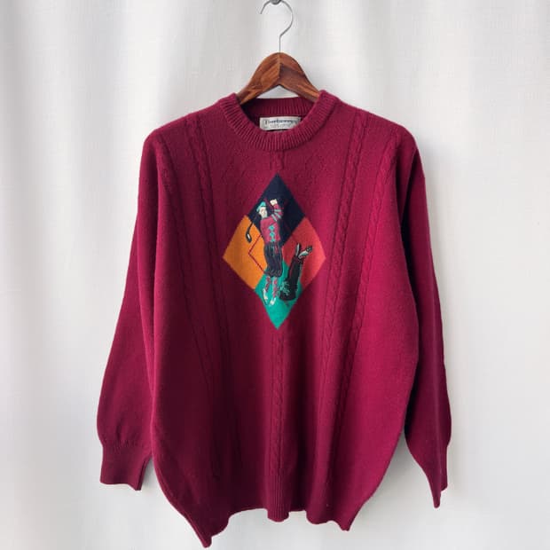 버버리 90s 골프맨 아가일 퓨어 램스울 니트 버건디 42사이즈