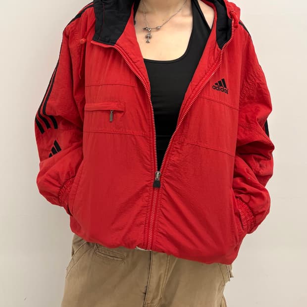 90s'adidas 레드 후드 바람막이