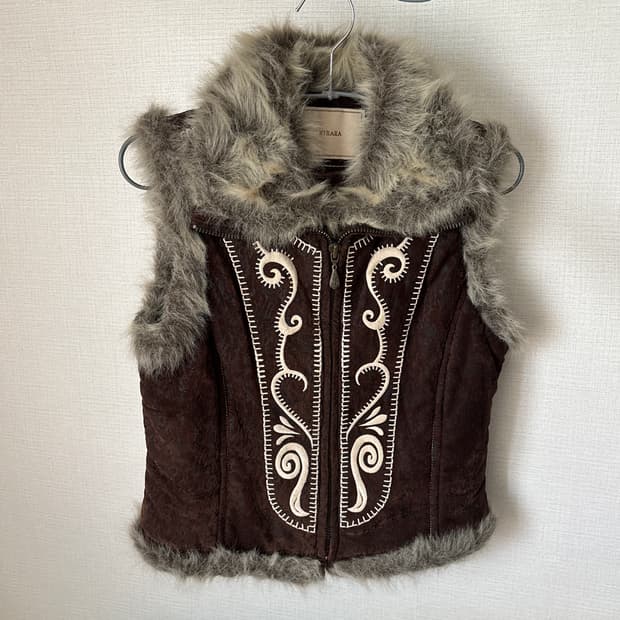 빈티지 보헤미안 에스닉무드 브라운 털조끼 베스트