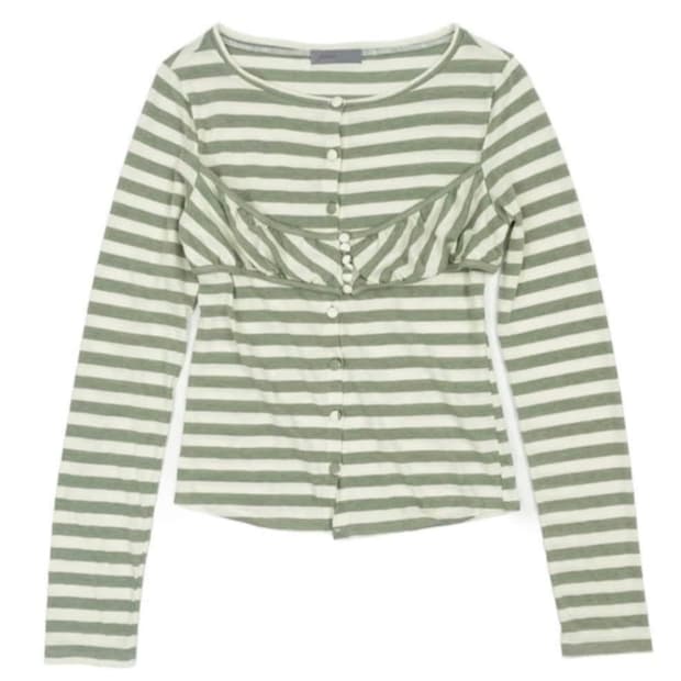 샵페어리 스트라이프 버튼 가디건 카키