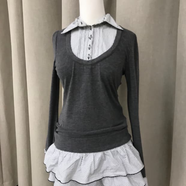 Gray ruffle-skirt shirt-collar dress