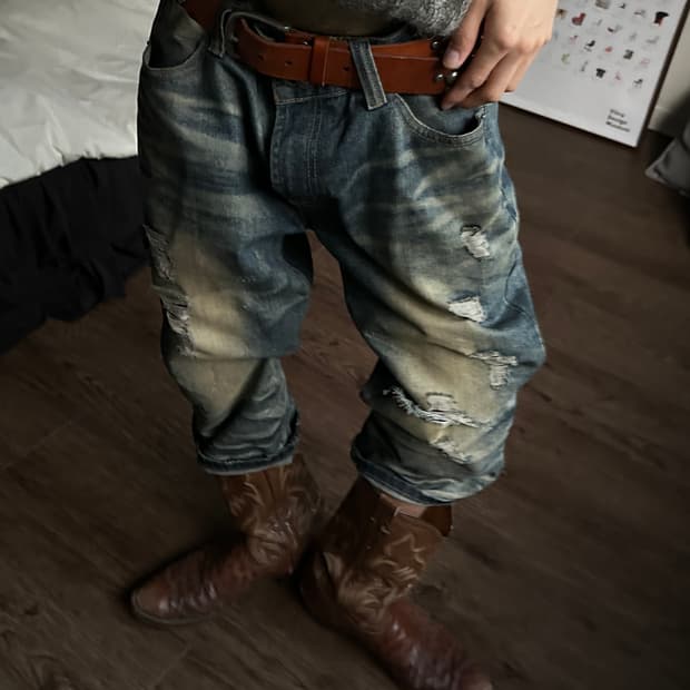 Codymaru 디스트레스 & 워시드 카프리 진