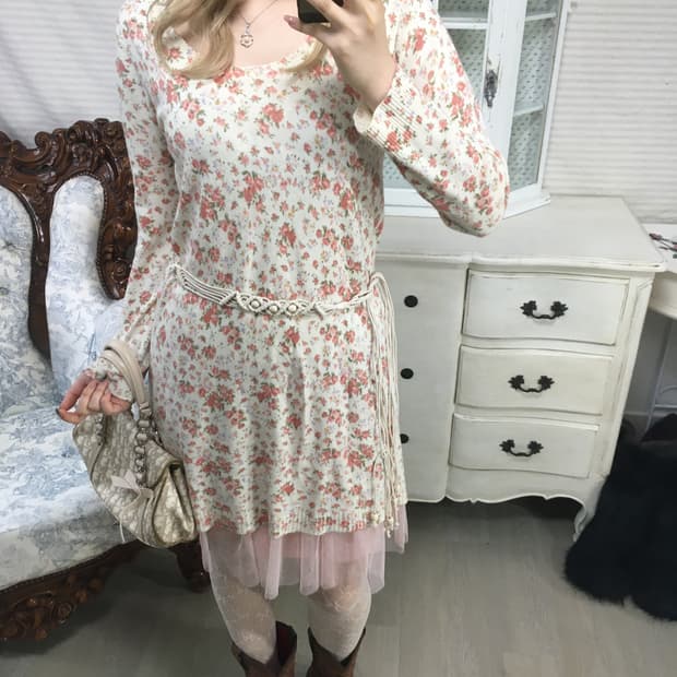 Set)  floral  knit onepiece + belt