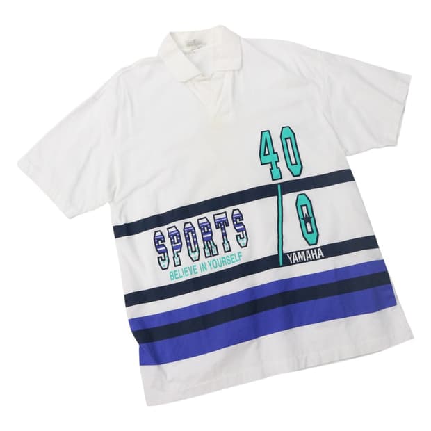 90s 야마하 모터 빈티지 빅그래픽 스트라이프 오픈카라 반팔티셔츠 (M)