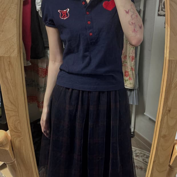 하트 네이비 자수 카라티 + 체크 샤스커트 2개세트