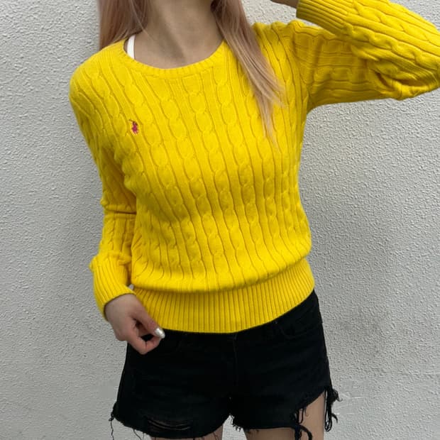 폴로 랄프로렌 핑크포니 옐로우 꽈배기 니트 XL