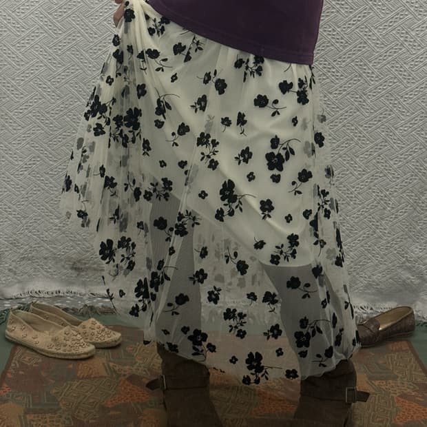 빈티지 재팬 레이스 벨루어 플라워 자수 레이어드 롱스커트 K0539