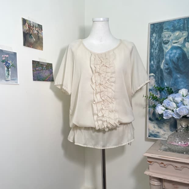 beige ivory ruffle waist string blouse