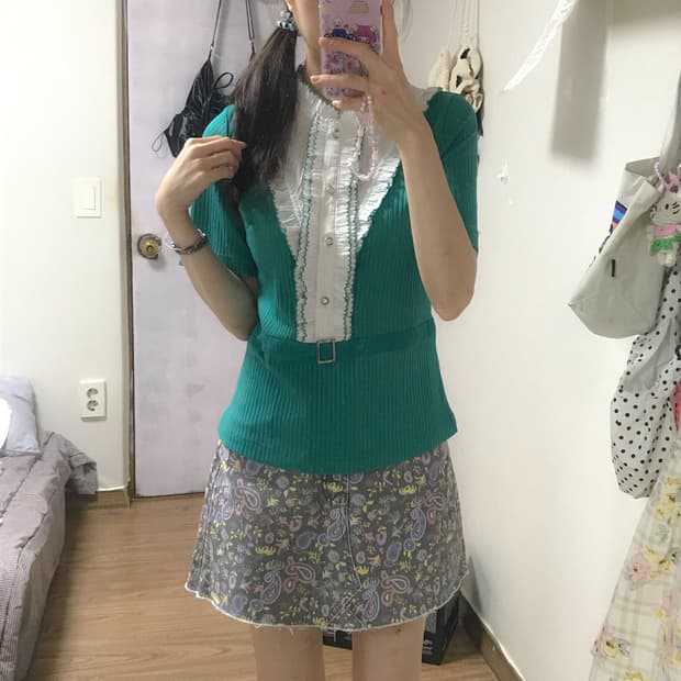 빈티지 레이스 러플 민트 그린 블라우스 히메갸루 로걀 긱시크 짜잔식 고딕